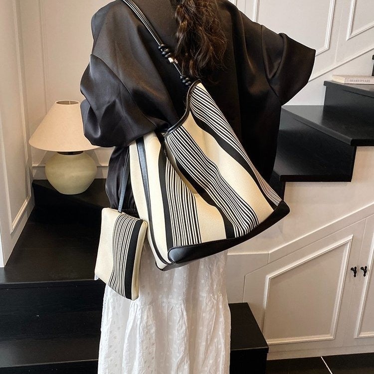 Fashion Striped Bag Large Capacity Tote Bag Simple Shoulder Bag French Lazy Bag Versatile Commuter Women'S Bag - Image 3