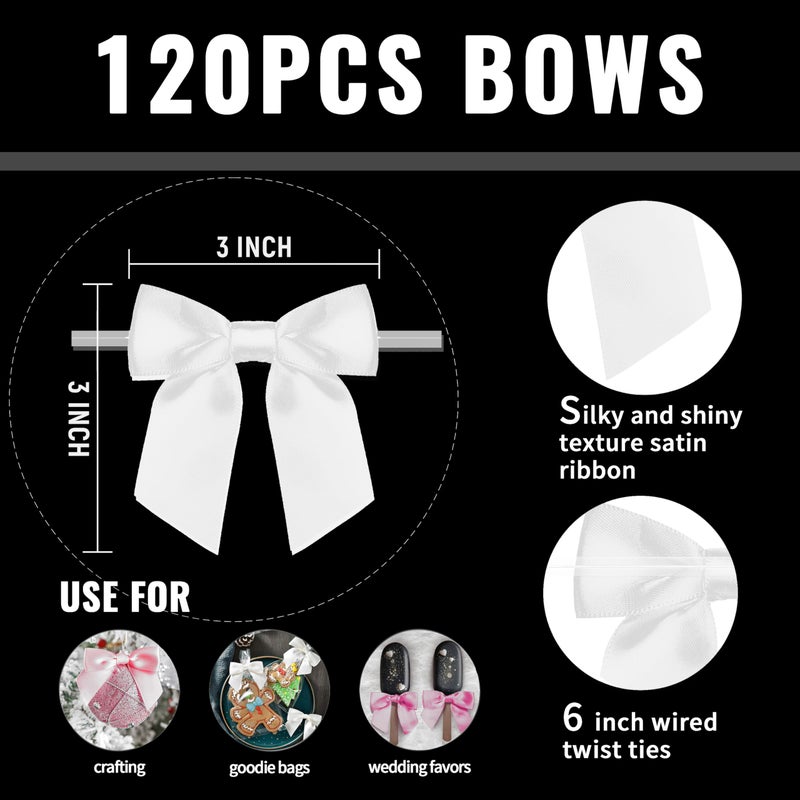 Rainbow Pana 120 Pack Twist Tie Bows for Treat Bags 3" White Satin Ribbon Bows for Package Craft Gift Wrapping Decoration - Image 3