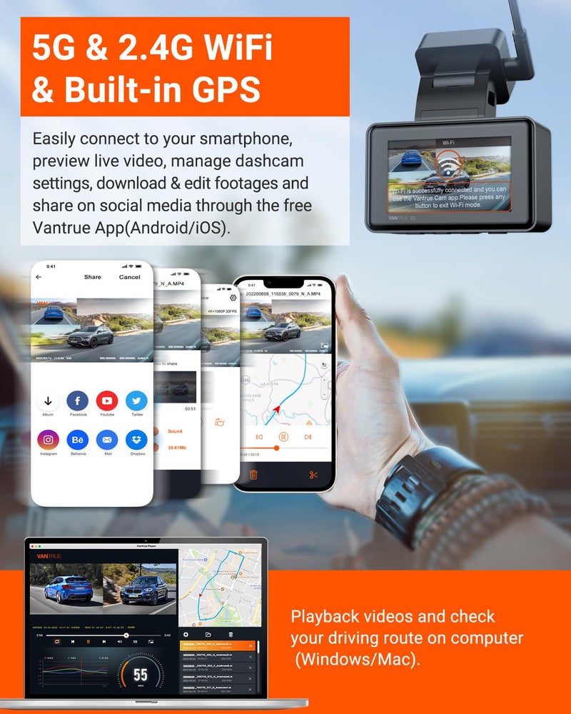 Vantrue E2 Dash Cam Front and Rear with Voice Control, 2.7K + 2.7K Dual Dash Camera for Cars, WiFi, GPS, STARVIS Night Vision, Buffered Parking Mode, G-Sensor, 2.45" IPS, 160°, WDR, Support 512GB - Image 4