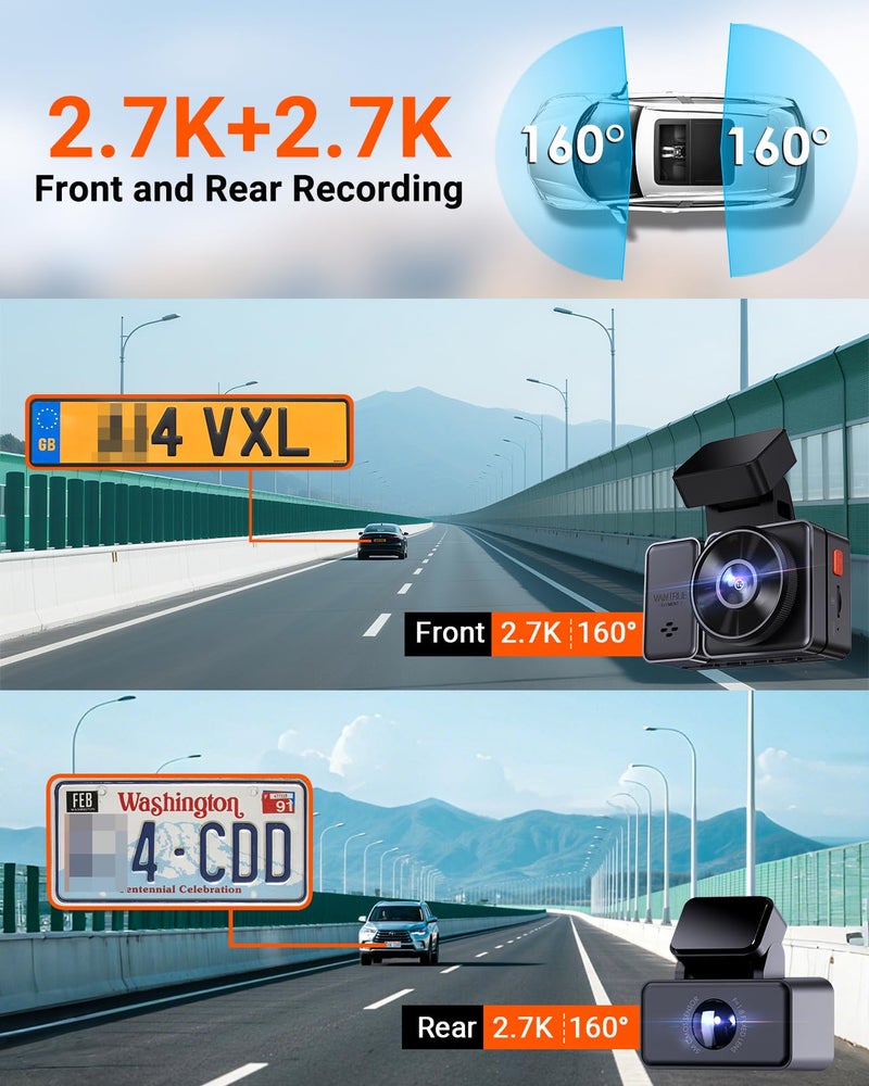 Vantrue E2 Dash Cam Front and Rear with Voice Control, 2.7K + 2.7K Dual Dash Camera for Cars, WiFi, GPS, STARVIS Night Vision, Buffered Parking Mode, G-Sensor, 2.45" IPS, 160°, WDR, Support 512GB - Image 2