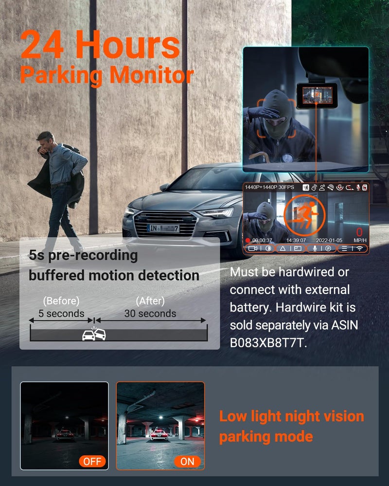 Vantrue E2 Dash Cam Front and Rear with Voice Control, 2.7K + 2.7K Dual Dash Camera for Cars, WiFi, GPS, STARVIS Night Vision, Buffered Parking Mode, G-Sensor, 2.45" IPS, 160°, WDR, Support 512GB - Image 5