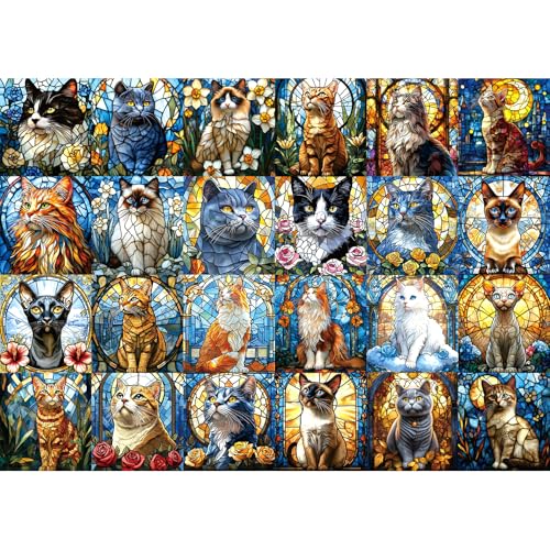 Blueforest 1000 Piece Puzzle for Adults Stained Glass Cats Mosaic Art Challenging Jigsaw Puzzle with Poster Game Night Gift 276x197 Inch - Image 1