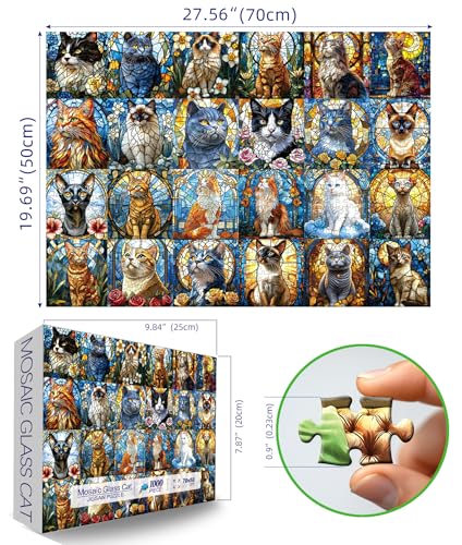 Blueforest 1000 Piece Puzzle for Adults Stained Glass Cats Mosaic Art Challenging Jigsaw Puzzle with Poster Game Night Gift 276x197 Inch - Image 5