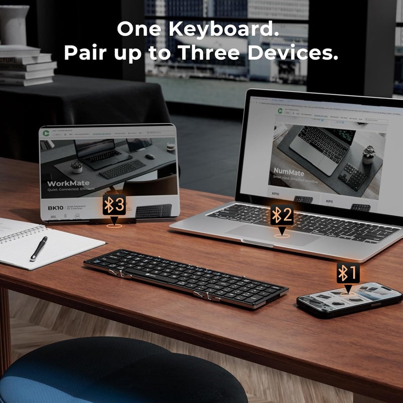 iClever Portable Keyboard, BK09 Foldable Bluetooth Keyboard with Number Pad for Travel and Business Trip, USB-C Rechargeable for Laptop, iPad, iPhone, Sync up to 3 Devices - Image 3