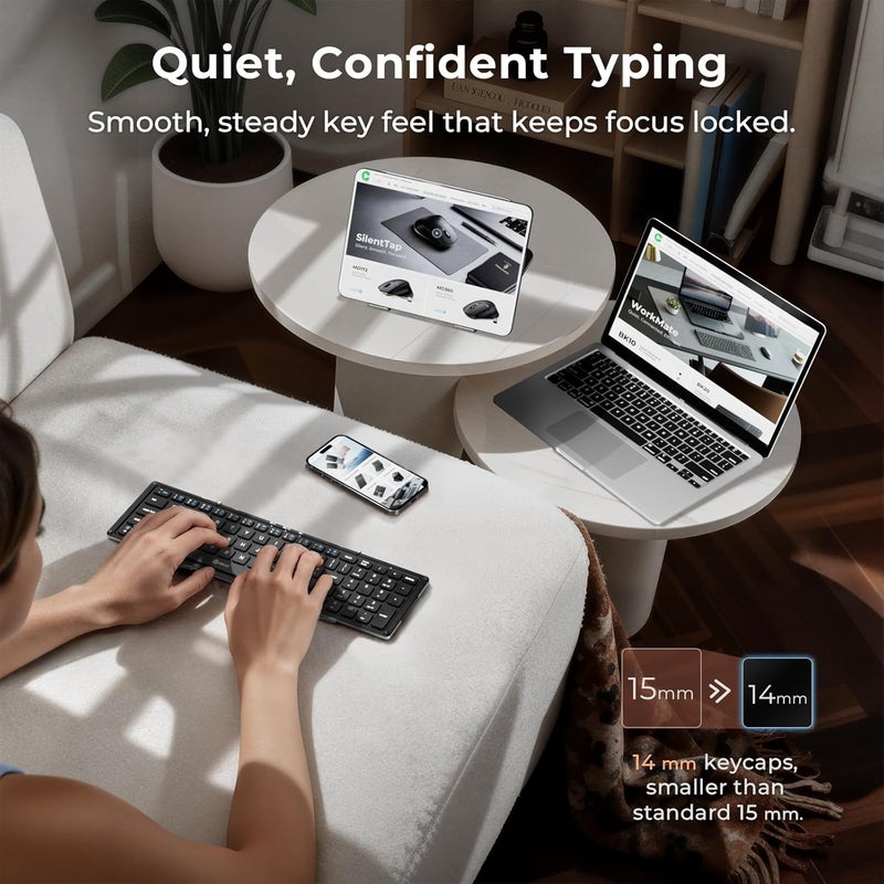 iClever Portable Keyboard, BK09 Foldable Bluetooth Keyboard with Number Pad for Travel and Business Trip, USB-C Rechargeable for Laptop, iPad, iPhone, Sync up to 3 Devices - Image 4