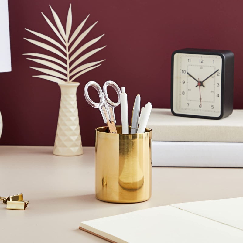 Juvale Desk Organizer Pen & Pencil Holder - 3.2 x 3.9 in, Gold Stainless Steel - Desk Supply Organizer with Gold Pen Cup, Makeup Brush Cup & Vanity Brush Holder - Image 2