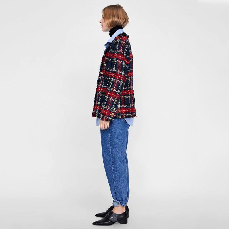 جاكيت بدلة متعدد الأزرار من قماش التويل بنمط مربعات حمراء للنساء من الموضة الأوروبية والأمريكية في المخزون لفترة طويلة - Image 5