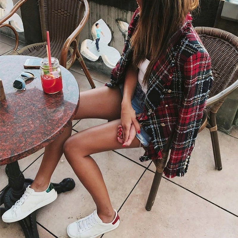 جاكيت بدلة متعدد الأزرار من قماش التويل بنمط مربعات حمراء للنساء من الموضة الأوروبية والأمريكية في المخزون لفترة طويلة - Image 3