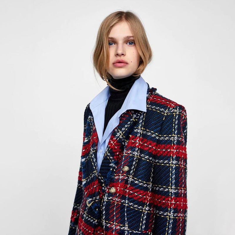 جاكيت بدلة متعدد الأزرار من قماش التويل بنمط مربعات حمراء للنساء من الموضة الأوروبية والأمريكية في المخزون لفترة طويلة - Image 4