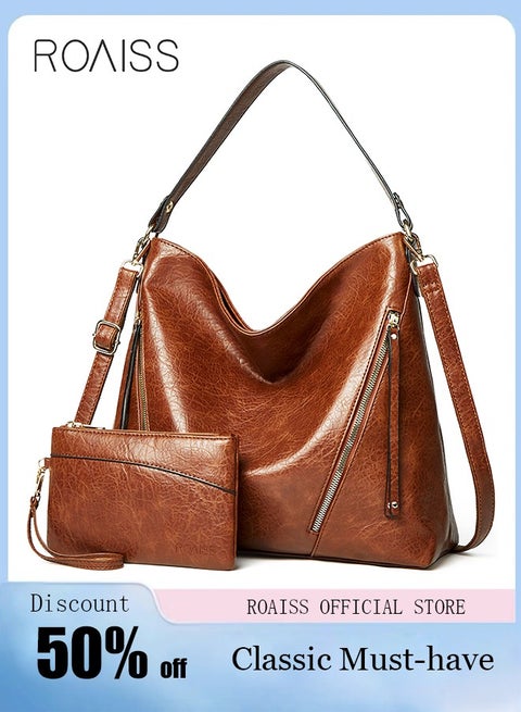 Women 2-Piece Large Capacity Leather Tote Bag Shopping Handbag Travel Crossbody Bag with Wallet Set for Women Shoulder Bag with Top Handle Multiple Compartments Shopper Brown