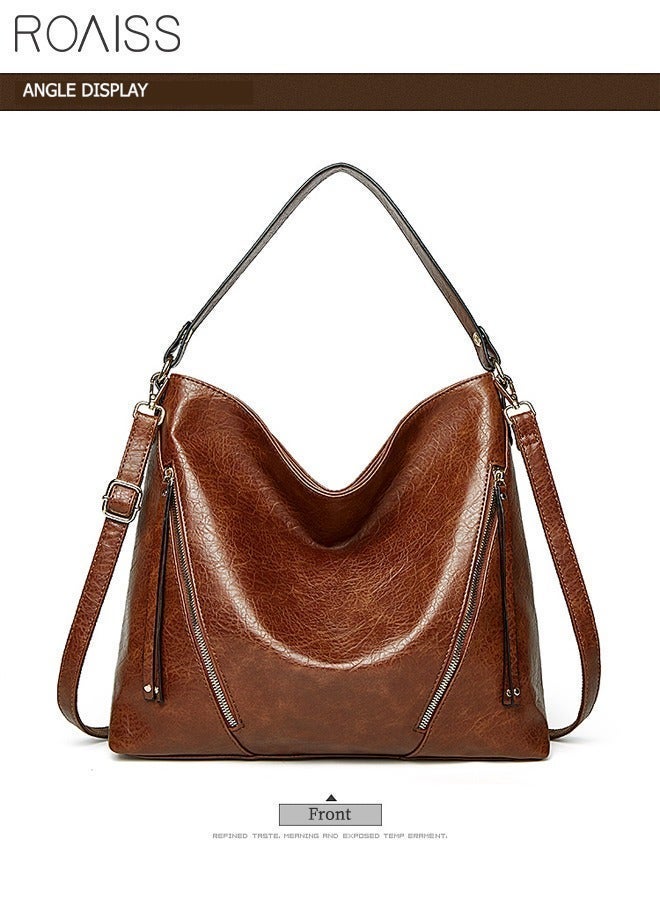 roaiss Women 2-Piece Large Capacity Leather Tote Bag Shopping Handbag Travel Crossbody Bag with Wallet Set for Women Shoulder Bag with Top Handle Multiple Compartments Shopper Brown - Image 2