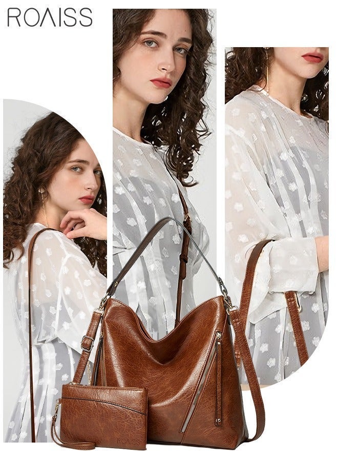 roaiss Women 2-Piece Large Capacity Leather Tote Bag Shopping Handbag Travel Crossbody Bag with Wallet Set for Women Shoulder Bag with Top Handle Multiple Compartments Shopper Brown - Image 1