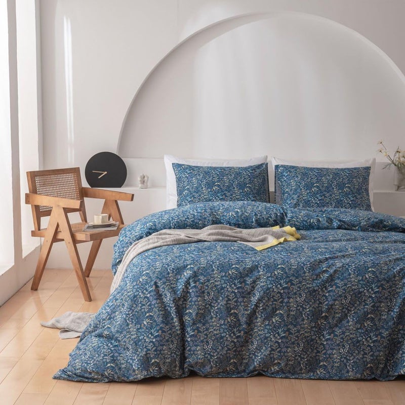 AMWAN Blue Floral Duvet Cover King Soft Cotton Flower Pattern Blue Duvet Cover Garden Style Botanical Floral Bedding Sets 1 Duvet Cover with 2 Pillowcases Vintage Floral Duvet Comforter Cover King - Image 1