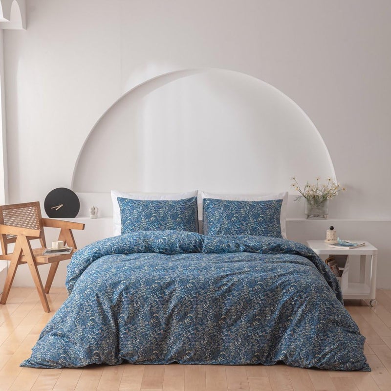 AMWAN Blue Floral Duvet Cover King Soft Cotton Flower Pattern Blue Duvet Cover Garden Style Botanical Floral Bedding Sets 1 Duvet Cover with 2 Pillowcases Vintage Floral Duvet Comforter Cover King - Image 3