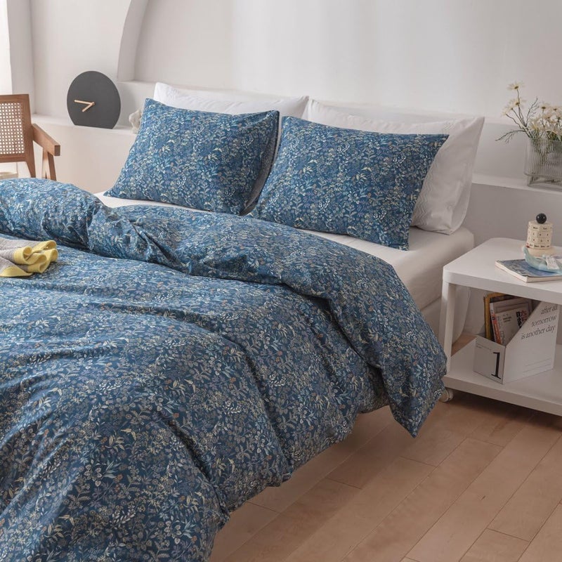 AMWAN Blue Floral Duvet Cover King Soft Cotton Flower Pattern Blue Duvet Cover Garden Style Botanical Floral Bedding Sets 1 Duvet Cover with 2 Pillowcases Vintage Floral Duvet Comforter Cover King - Image 4