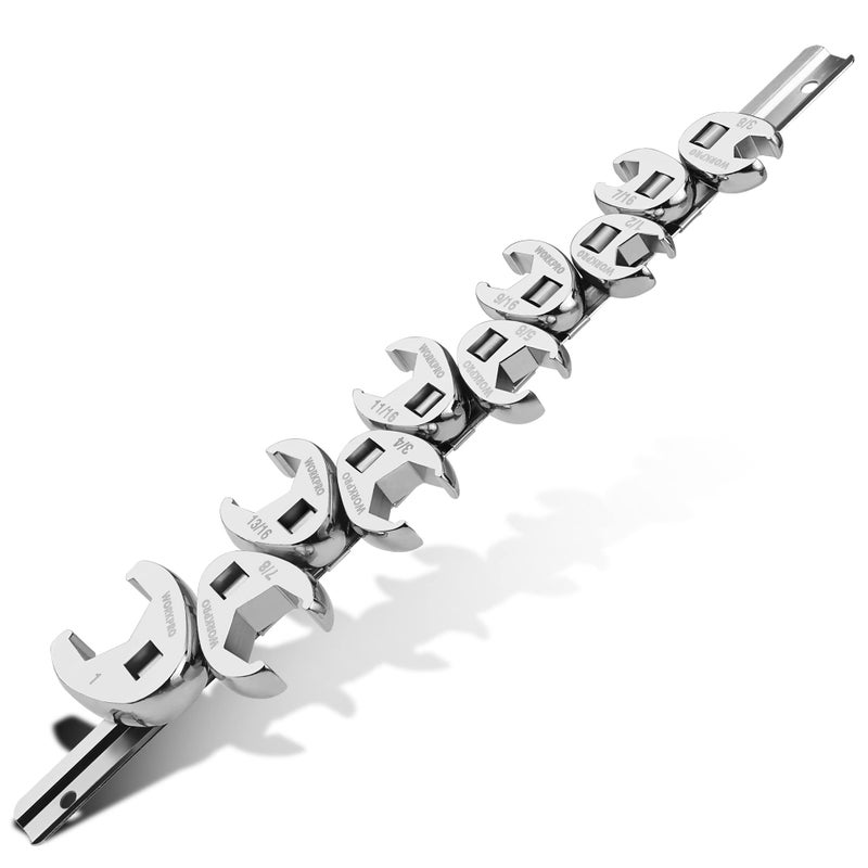 WORKPRO 3/8" Drive Flare Nut Wrench Set, 10-piece Crowfoot Flare Nut Tool Kit, SAE 3/8-1in, Steel Wrench With Storage Rail for Nut Removal - Image 1