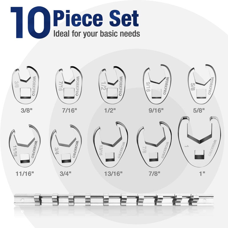 WORKPRO 3/8" Drive Flare Nut Wrench Set, 10-piece Crowfoot Flare Nut Tool Kit, SAE 3/8-1in, Steel Wrench With Storage Rail for Nut Removal - Image 3