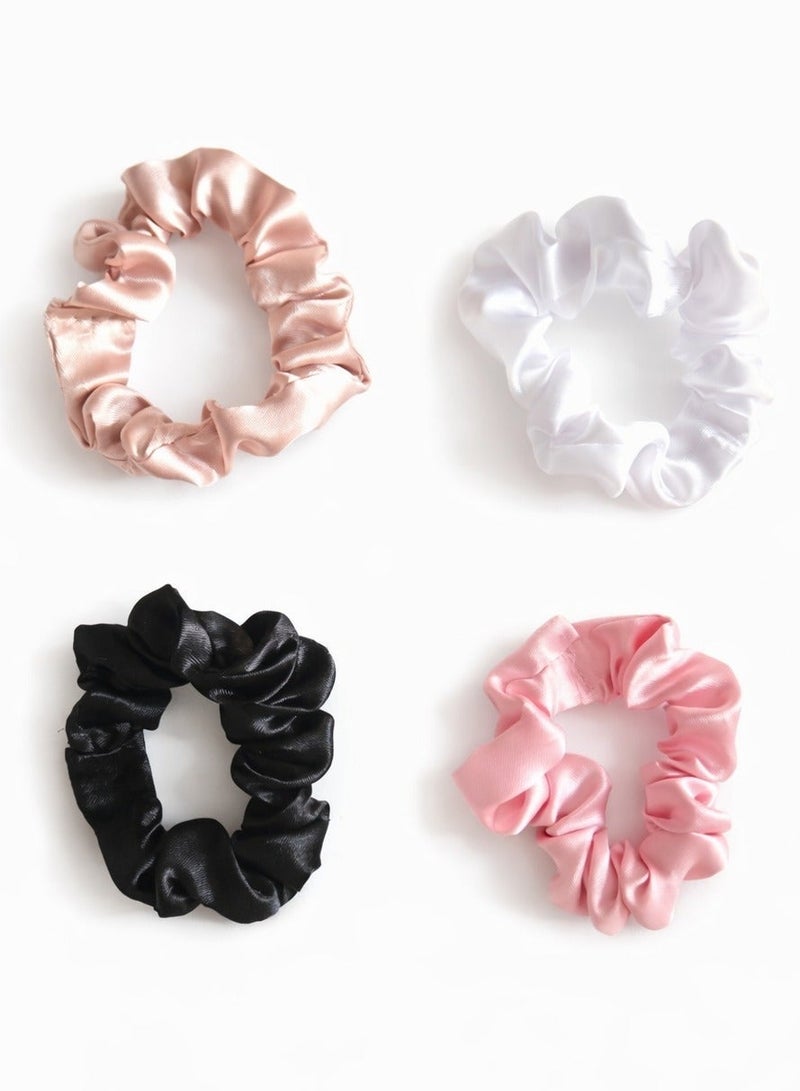 طقم سكرانشي صغير ستان 4 قطع ( اسود / ابيض / بينك / روز جولد ) ألوان كلاسيك أنيقة للاستخدام اليومي - Image 1