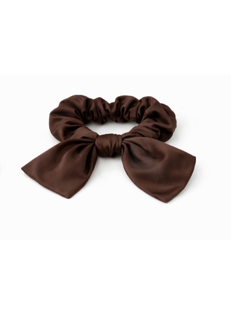 Satin Bow Scrunchie – Classic Hair Tie Chocolate Brown - Image 1