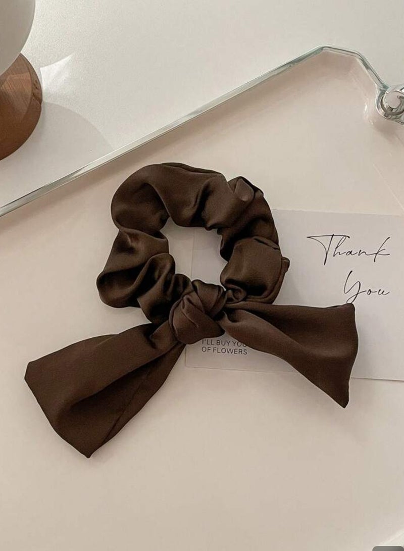 Satin Bow Scrunchie – Classic Hair Tie Chocolate Brown - Image 2