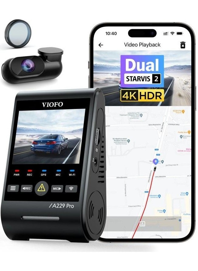 A229 Pro 2 Camera Front + Rear 4k + 2k HDR Sony Starvis 2 Sensor Wi-Fi GPS Vehicle Camera