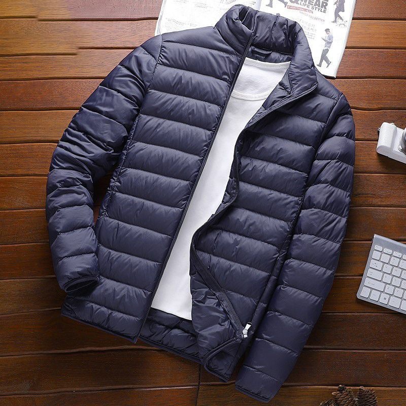 Brand Handle Autumn and Winter Light Down Cotton-padded Jacket Mens Short Vertical Collar Hooded Middle-aged and Elderly Light Thin Broken Coat F88 navy blue stand collar