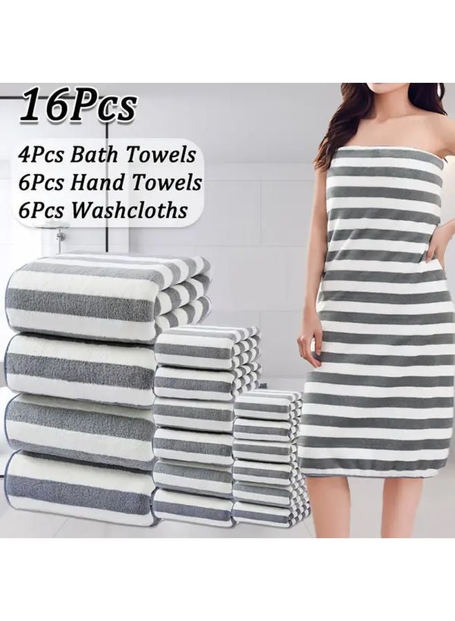 Purple Stripes Microfiber Bath Towel Set 16pcs Quick Drying Soft Hotel Bathroom Supplies - Image 2