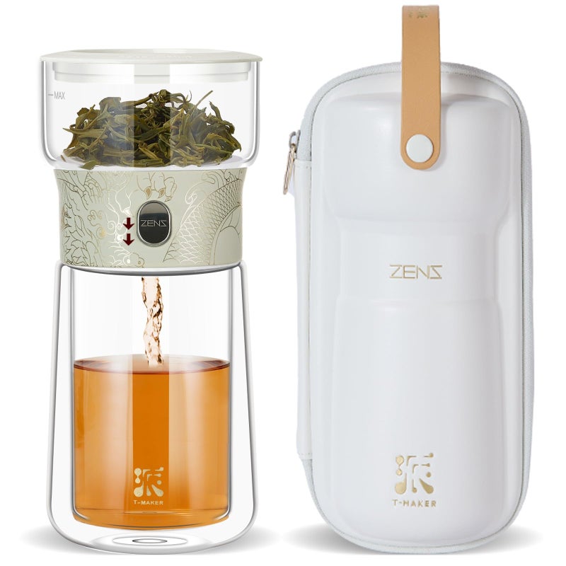 ZENS Cool Glass Teapot with Infuser Smart One Touch Tea Maker for Loose Tea Diffusers with Insulated Mug and Portable Tea Kits Enchanted Teapot Alternatives for Tea Lover Gifts