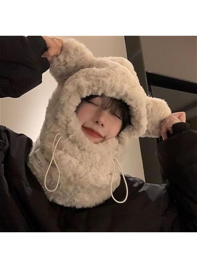 Generic Winter Beanies Caps Windproof Outdoor Neck Warmer Scarf Set Hooded Bear Ears Winter Ski Hat for Women  - Image 2