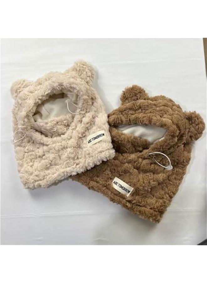 Generic Winter Beanies Caps Windproof Outdoor Neck Warmer Scarf Set Hooded Bear Ears Winter Ski Hat for Women  - Image 3