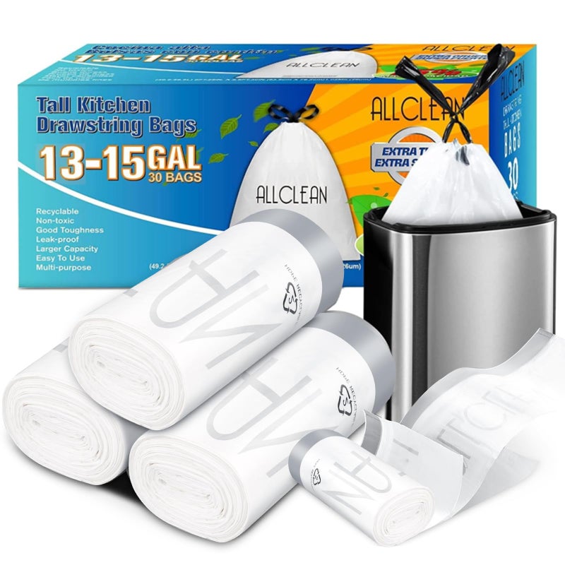 Allclean 13 To 15 Gallon Trash Bags Tall Kitchen Garbage Bags Drawstring Ultra Strong Recyclable Trash Bags Unscented Trash Can Liners For Kitchen and Commercial 30 Count Pake of 1
