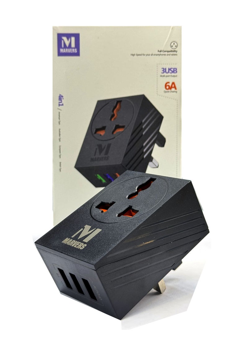 أعجوبة محول السفر العالمي Marvers MS TC3112، 3 منافذ USB مع 6A شحن سريع، أسود، قطعتين  - Image 2