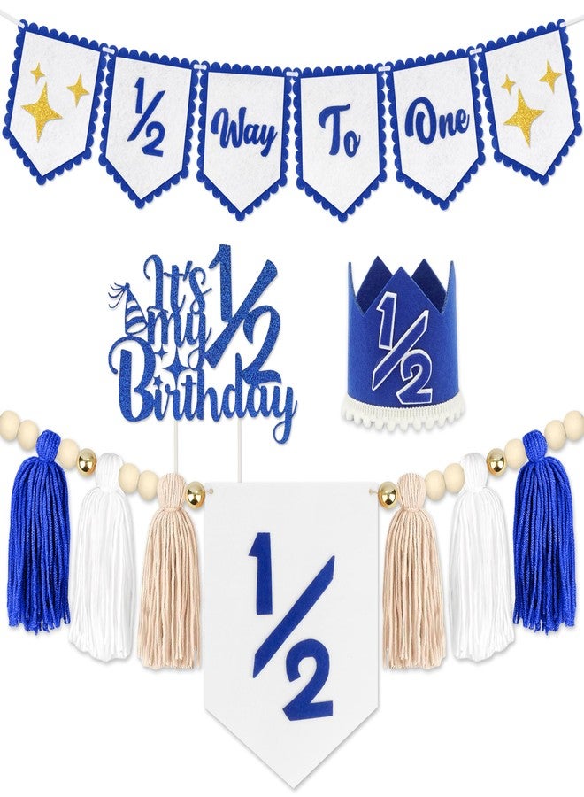 THAWAY 1/2 Birthday Blue Half Birthday Decorations - Blue Star It's My 1/2 Birth Banner, Glitter Cake Topper Tassel Wood Bead High Chair Banner & Crown, Hat Halfway to One Boy Girl Party Supplies - Image 1