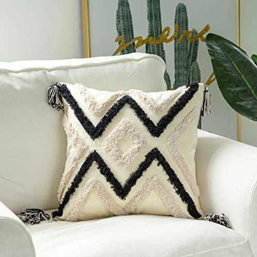 Snugtown Woven Tufted Boho Throw Pillow Cover, Modern Decorative Geometric Chevron Striped Cushion with Tassels, Farmhouse Tribal Pillowcases for Couch Sofa Bedroom Living Room, 18 x 18 Inches, Black, Ivory - Image 4