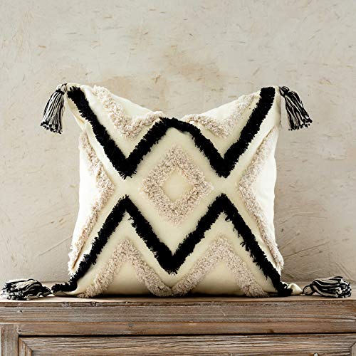 Snugtown Woven Tufted Boho Throw Pillow Cover, Modern Decorative Geometric Chevron Striped Cushion with Tassels, Farmhouse Tribal Pillowcases for Couch Sofa Bedroom Living Room, 18 x 18 Inches, Black, Ivory - Image 1
