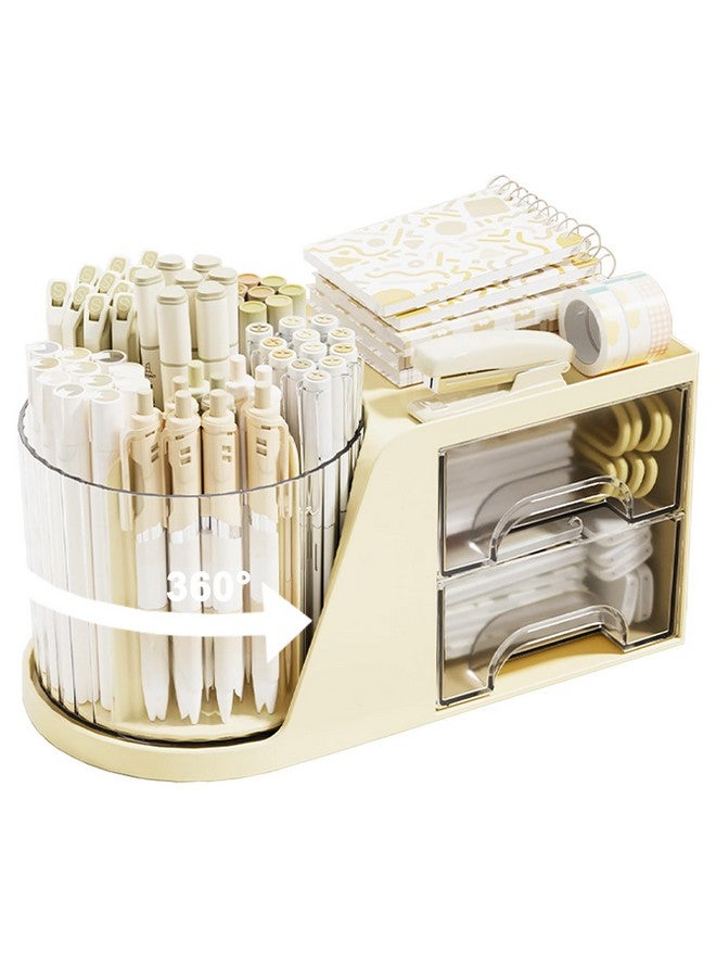 SAYEEC Rotating Desk Organizer With 2 Drawer 6 Slots Multifunctional Pencil Pen Holder Desktop Makeup Organizer Stationery Accessories Storage Box Caddy For Office School Home Art Supplies (Beige) - Image 1