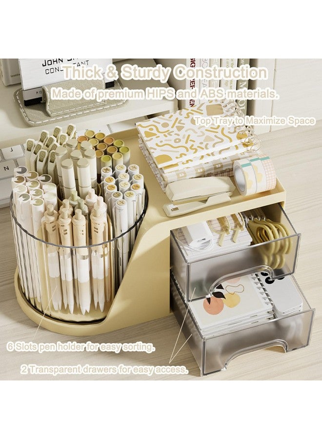 SAYEEC Rotating Desk Organizer With 2 Drawer 6 Slots Multifunctional Pencil Pen Holder Desktop Makeup Organizer Stationery Accessories Storage Box Caddy For Office School Home Art Supplies (Beige) - Image 3