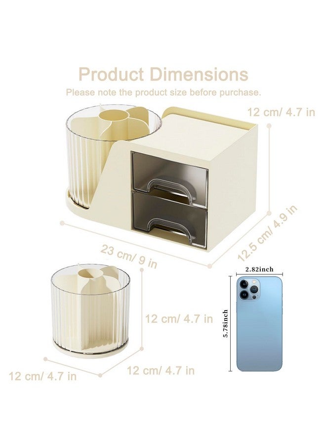SAYEEC Rotating Desk Organizer With 2 Drawer 6 Slots Multifunctional Pencil Pen Holder Desktop Makeup Organizer Stationery Accessories Storage Box Caddy For Office School Home Art Supplies (Beige) - Image 2