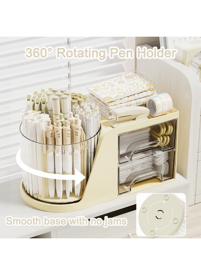 SAYEEC Rotating Desk Organizer With 2 Drawer 6 Slots Multifunctional Pencil Pen Holder Desktop Makeup Organizer Stationery Accessories Storage Box Caddy For Office School Home Art Supplies (Beige) - Image 4