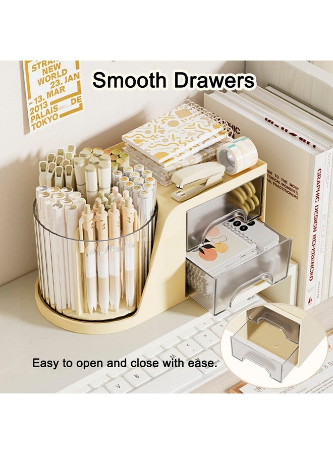 SAYEEC Rotating Desk Organizer With 2 Drawer 6 Slots Multifunctional Pencil Pen Holder Desktop Makeup Organizer Stationery Accessories Storage Box Caddy For Office School Home Art Supplies (Beige) - Image 5