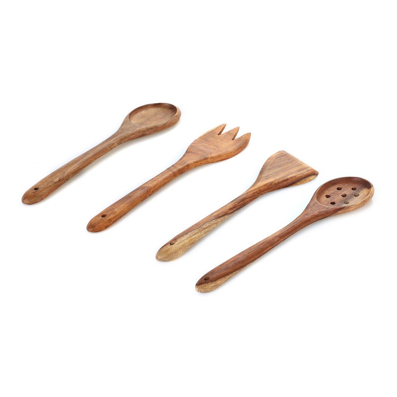 Wooden Kitchen Utensil Set, 4 Pieces, Natural Wood Serving Spoons and Fork, Dark Brown - Image 1