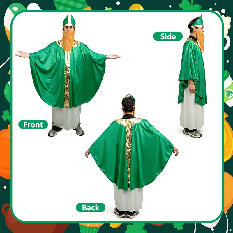 Shupakul 4 Pcs St. Patrick's Day Wiseman Costume, Catholic Saint Patrick Men Costumes Include Robe, Waist Skirt, Hat and False Beard, St Patricks Parade Costume for Adult Irish Party Outfit - Image 4