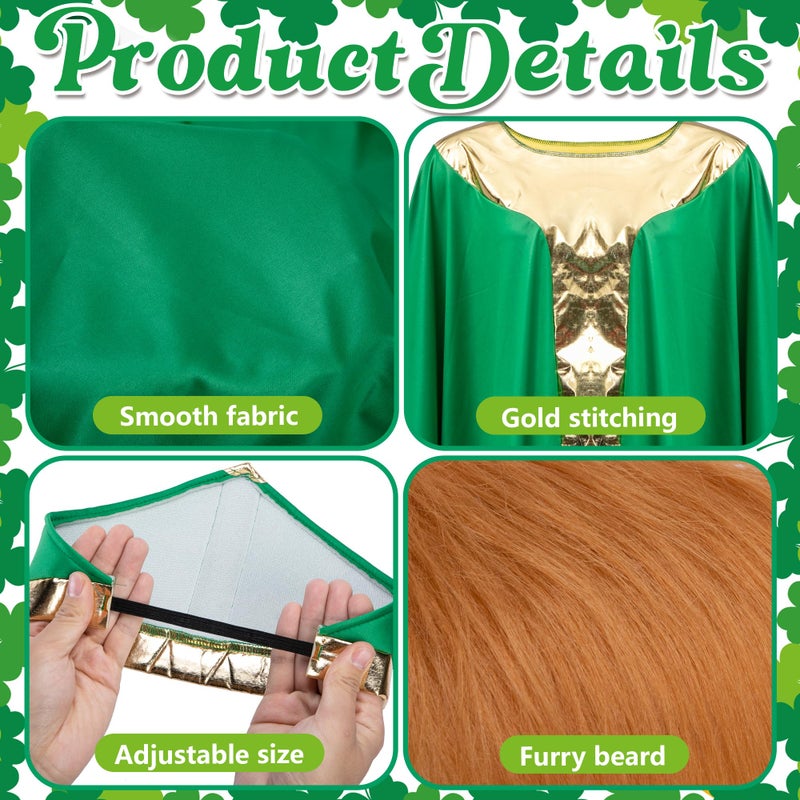 Shupakul 4 Pcs St. Patrick's Day Wiseman Costume, Catholic Saint Patrick Men Costumes Include Robe, Waist Skirt, Hat and False Beard, St Patricks Parade Costume for Adult Irish Party Outfit - Image 3