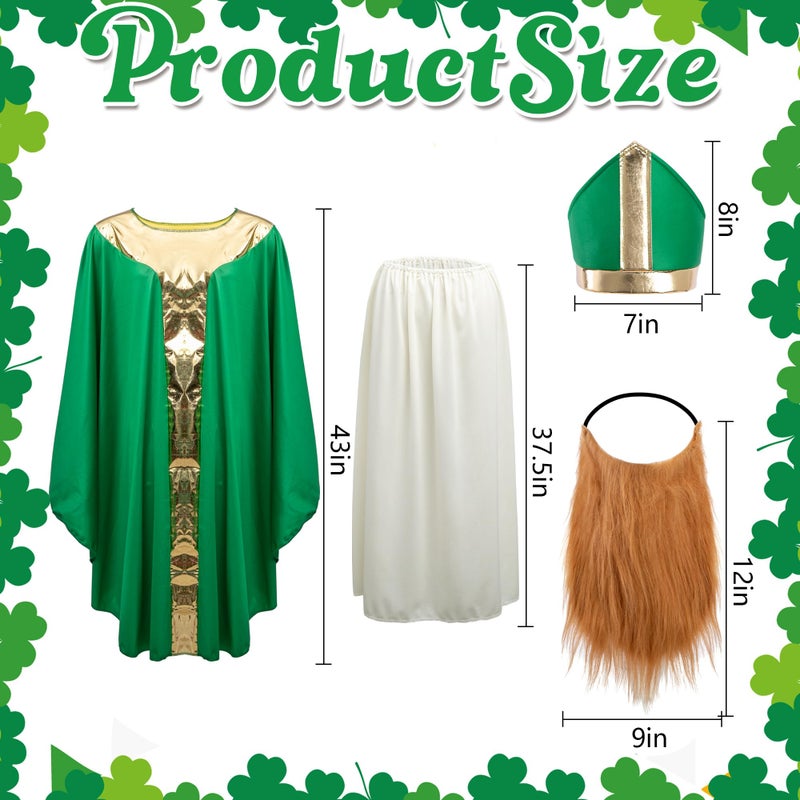 Shupakul 4 Pcs St. Patrick's Day Wiseman Costume, Catholic Saint Patrick Men Costumes Include Robe, Waist Skirt, Hat and False Beard, St Patricks Parade Costume for Adult Irish Party Outfit - Image 2