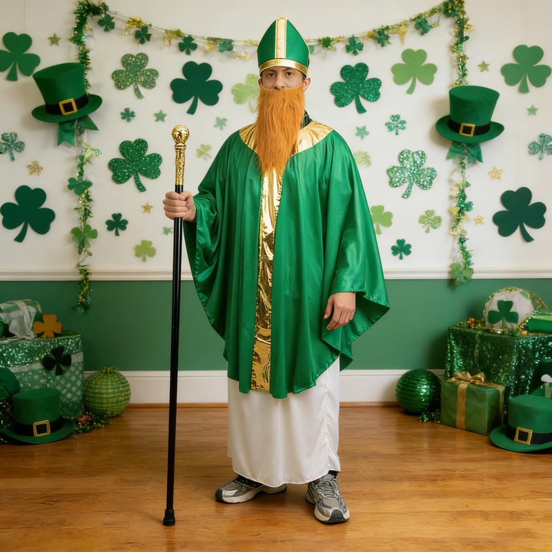 Shupakul 4 Pcs St. Patrick's Day Wiseman Costume, Catholic Saint Patrick Men Costumes Include Robe, Waist Skirt, Hat and False Beard, St Patricks Parade Costume for Adult Irish Party Outfit - Image 5
