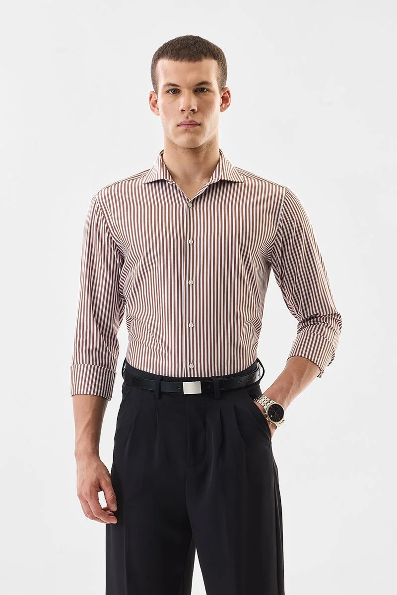 SNITCH Brown Striped Long Sleeve Slim Fit Formal Luxe Shirt