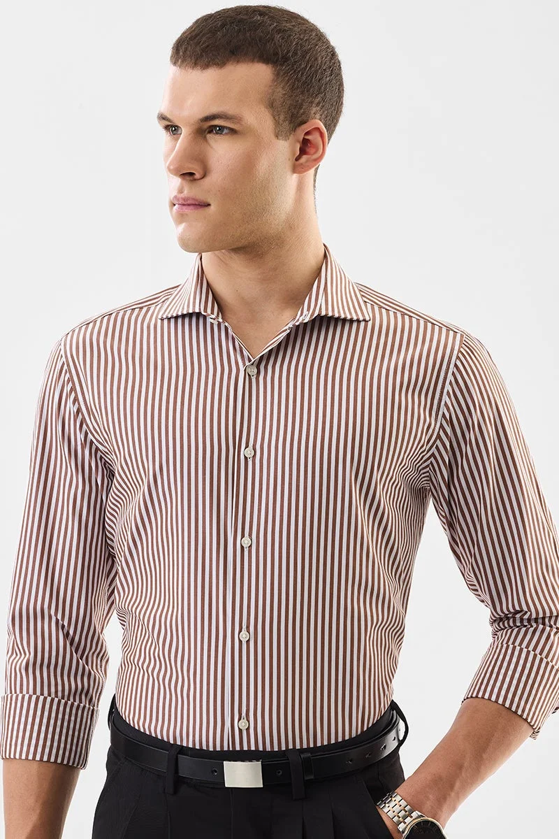 SNITCH Brown Striped Long Sleeve Slim Fit Formal Luxe Shirt