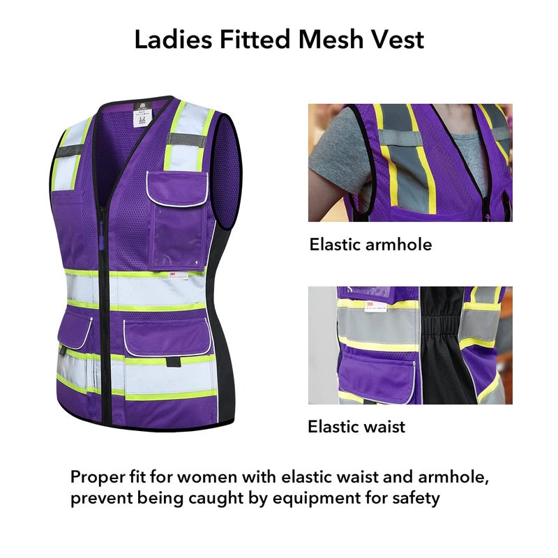 Dib Safety Vest for Women with Pockets, Mesh Reflective Vest High Visibility, ANSI Class 2 Made with 3M Reflective Tape, Purple 2XL - Image 3