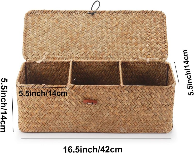 DECRAFTS Seagrass Tank Basket with Lid Woven Toilet Roll Storage Basket with Sections Rectangular for Organize Snack Toys Tampon (Large Compartment 16.5inch L x 5.5inch W x 5.5inch H) Natural - Image 4