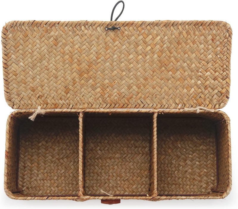 DECRAFTS Seagrass Tank Basket with Lid Woven Toilet Roll Storage Basket with Sections Rectangular for Organize Snack Toys Tampon (Large Compartment 16.5inch L x 5.5inch W x 5.5inch H) Natural - Image 2